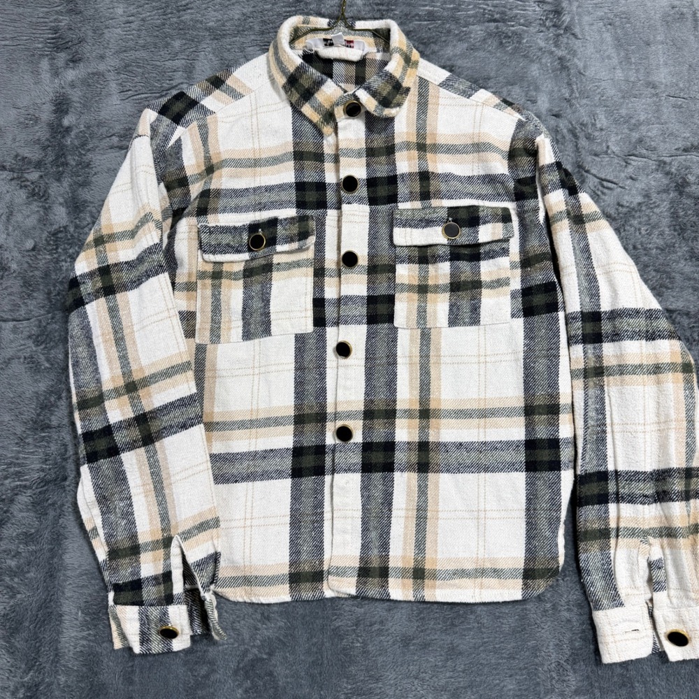 Miss Selfie Plaid Shacket Womens Size M Cream Tan Green Button Front Flannel Top